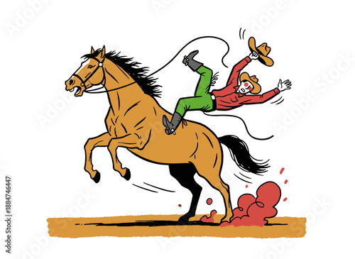 Rodeo cowboy falling from horse illustration. Bucking bronco wild west graphic design. Western challenge sport artwork. T shirt print poster sticker b