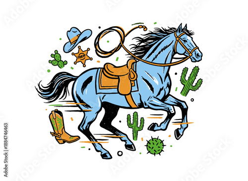 Western style running horse artwork design. Cowboy culture illustration with cactus and sheriff badge. Rodeo horse graphic print design for t shirt pr