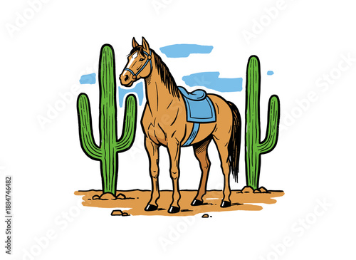 Wild West horse artwork. Desert travel illustration. Retro cartoon style graphics. Horse and cactus design for t shirt print, poster, sticker, backgro