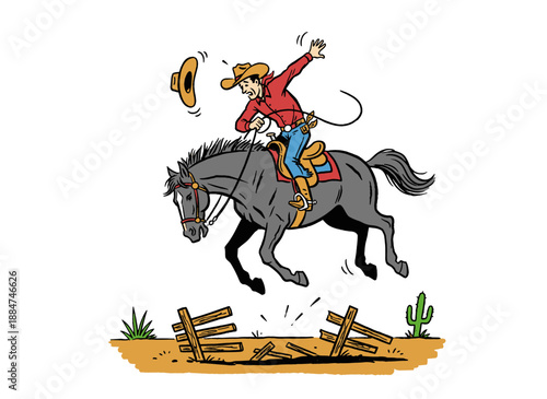 Cowboy riding horse jumping over broken fence. Wild west rodeo action illustration. Vintage comic style horse rider graphics. Western artwork for t sh