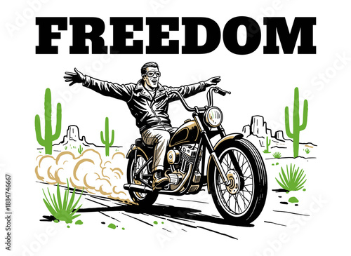 Freedom bike ride artwork. Chopper motorcycle design. Desert adventure graphic print. Biker rider poster design for t shirt print, sticker, background