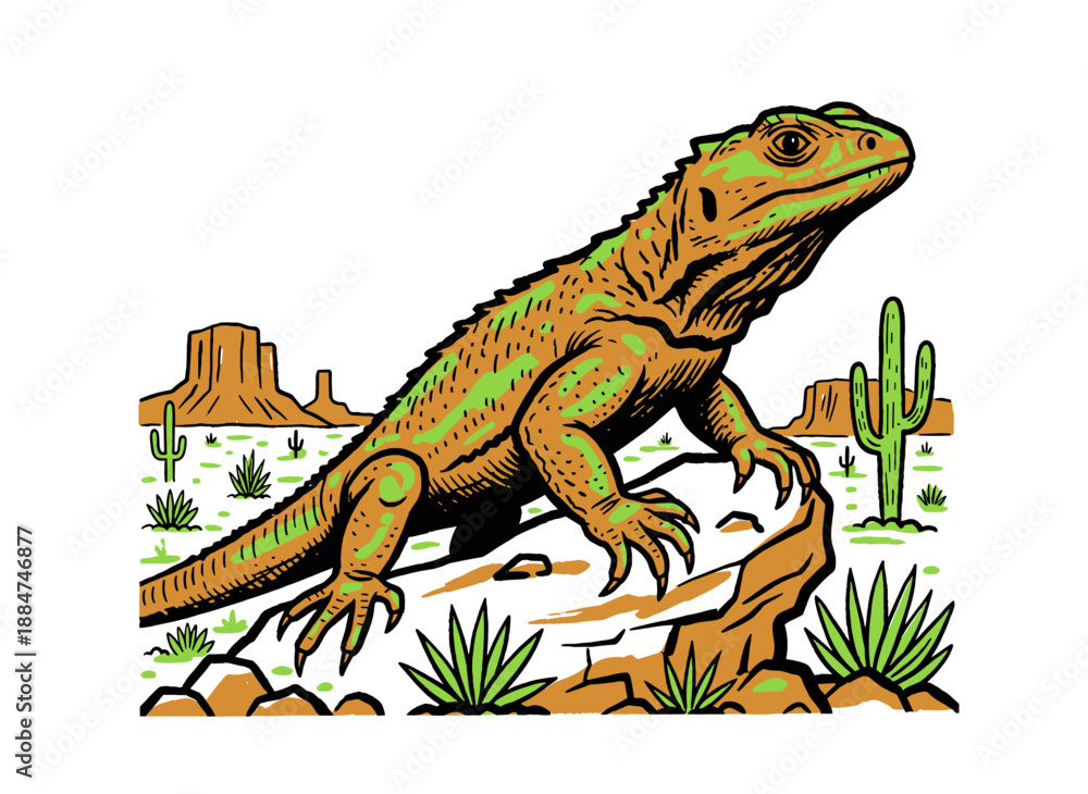 Obraz premium Desert reptile illustration artwork. Wild lizard on rock design. Southwestern landscape t shirt print, poster, sticker, background.