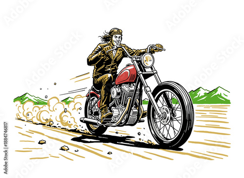 Biker riding chopper motorcycle illustration. Vintage motorcycle club artwork design. Speed and freedom graphic print. Motorcycle artwork for t shirt