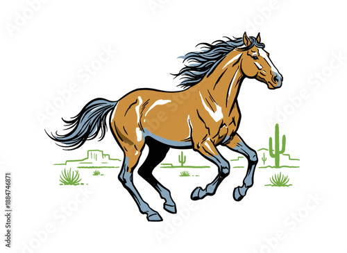 Wild running horse vector artwork design. Western desert graphic print. Equestrian galloping animal illustration. Vintage wild west art for t shirt pr