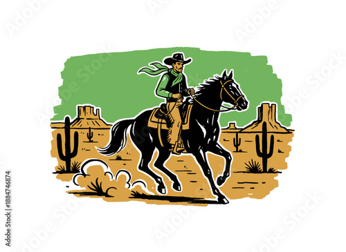 Wild West cowboy riding horse graphic print. Retro Western adventure illustration. Cowboy artwork for t shirt print, poster, sticker, background.