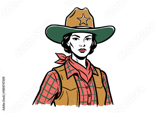 Cowgirl portrait vintage style artwork. Wild west sheriff woman graphic. Retro western design for t shirt print, poster, sticker, background.