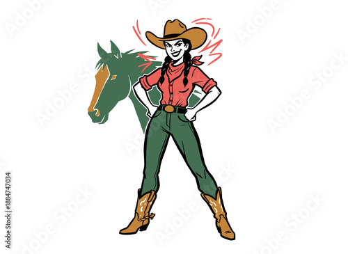 Cowgirl mascot illustration design. Western girl artwork for t shirt print. Wild West rodeo character. Strong woman design for apparel, sticker, poste