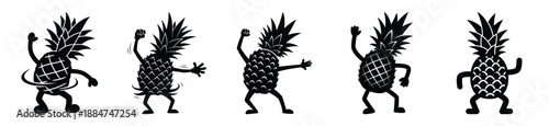 Silhouette of goofy dancing pineapple vector icon set. Funny silhouette design vector stock illustration