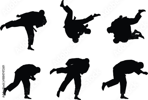 Martial arts silhouette illustration, judo throw sequence, combat training graphic, dynamic fighting poses, self defense artwork, sports action design, athlete movement