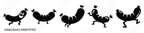 Silhouette of goofy hopping sausage vector icon set. Funny silhouette design vector stock illustration