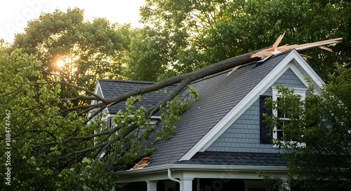 Large tree branch fallen on gray shingled house roof during daylight with green foliage fallen tree house damage