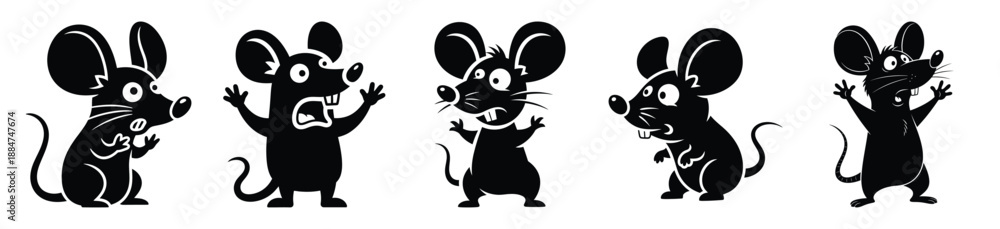 Fototapeta premium Silhouette of goofy startled mouse vector icon set. Funny silhouette design vector stock illustration