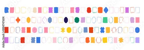 Set of colorful wavy rectangle labels. Bright box tags and caption strips for product callouts, price stickers and highlight text. Irregular rectangle silhouettes vector illustration.