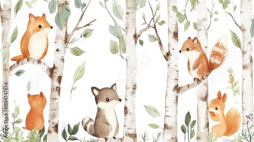 Charming woodland scene featuring adorable animals in birch trees watercolor illustration playful nature whimsical landscape artistic viewpoint