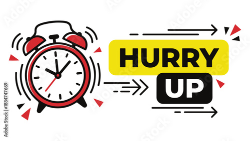 Modern Hurry Up Alarm Clock and Typography Vector Illustration, alarm clock, time, clock, hurry up, urgency, deadline, wake up, ringing, rush, late, speed, fast, reminder, alert, warning, business, 