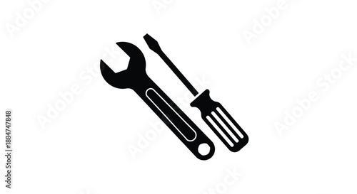 A simple black and white illustration of a wrench and a screwdriver