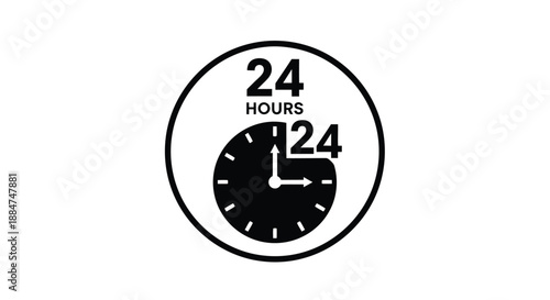 A circular black and white sign displaying a clock and the text 24 hours