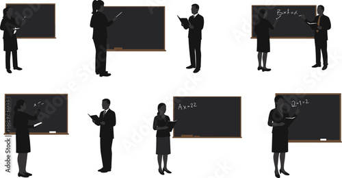 Mathematics teachers presenting equations, classroom blackboard learning, professional educators teaching math concepts, academic lecture scene, education training session, flat vector illustration