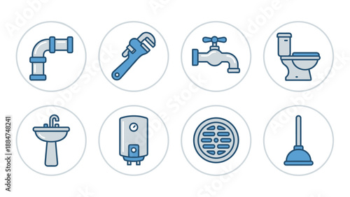 Plumbing icons set. Sanitary equipment symbols. Wrench faucet toilet sink heater drain plunger. Bathroom repair tools. Water supply maintenance. Home renovation vector illustration.