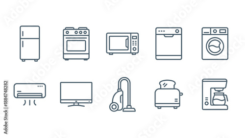 Home appliances line icons set. Household electronics symbols. Kitchen equipment. Domestic technology. Refrigerator, oven, washer, vacuum, tv. Modern electric device outline vector.