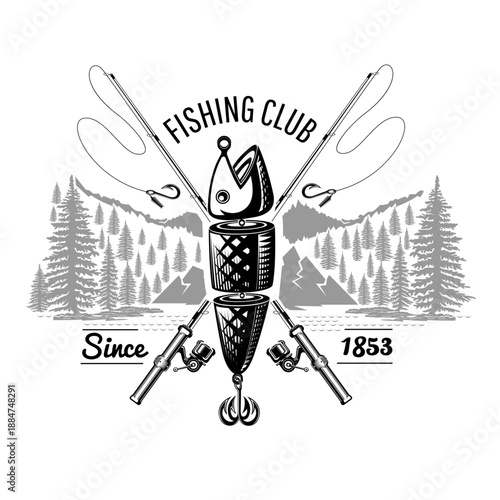 Spoon-bait With Crossed Fishing Rods With Landscape. Monochrome Vector Illustration In Engraving Style On White.