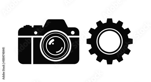 Camera and gear icon representing photography technology and mechanical systems