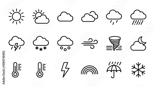 Weather forecast icons set thin line stroke symbols. Meteorology app UI elements. Sun cloud rain snow storm temperature signs. Minimal linear vector graphic. Climate collection.