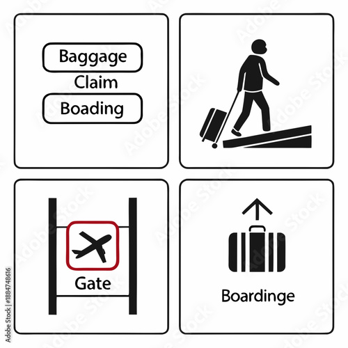 Set of four black and white icons representing airport services baggage claim, boarding, gate, and luggage handling