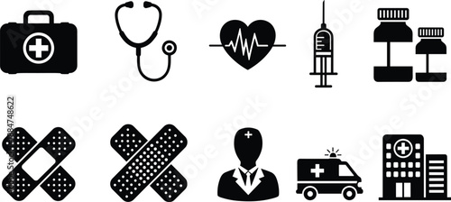 Medical healthcare icons set with doctor, ambulance, hospital, stethoscope, syringe, medicine, bandages, heart, emergency kit