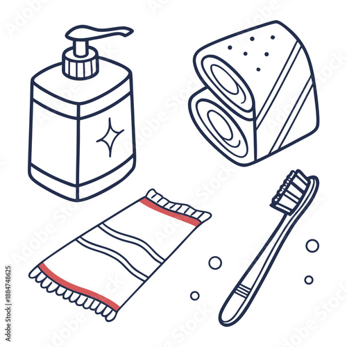 Set of bathroom hygiene items soap dispenser, rolled towels, washcloth, and toothbrush, handdrawn style