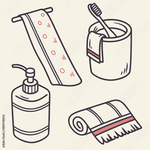 Hand drawn bathroom items collection soap dispenser, hanging towel, rolled towel, and toothbrush in a cup