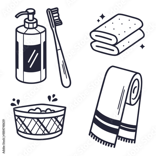 Collection of bathroom hygiene and cleaning items icons soap dispenser, toothbrush, folded towel, rolled towel, and laundry basket with bubbles