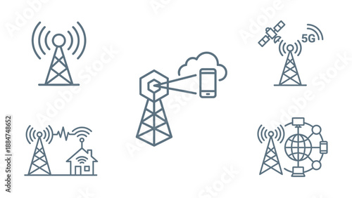 5G network tower icons set. Line art technology symbols. Wireless communication antenna. High speed mobile internet connection. Smart home satellite cloud data. Digital telecom web.