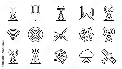 5G network technology icons. Minimalist line art set. Wireless communication signals. Internet towers antenna satellite. Mobile infrastructure symbols. Telecommunication data speed.