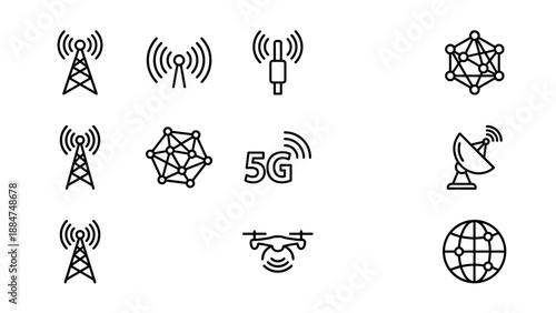5G network technology icon set. Wireless internet communication symbols. Minimalist line art vector. Telecommunication tower signal. Digital data connection. Satellite wifi wave. Global.