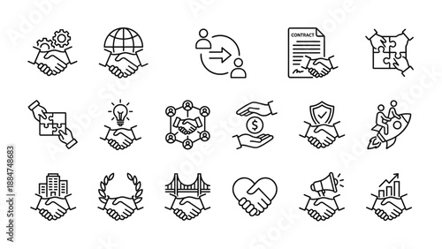 Business partnership and handshake icon set. Outline symbols of teamwork, agreement, trust, corporate deal. Contract, collaboration, finance, global. Line art vector design.