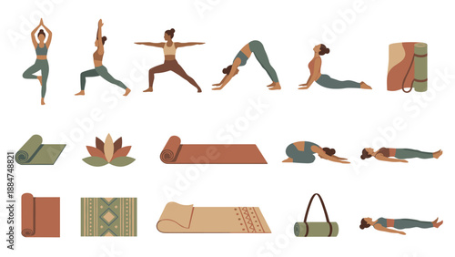 Yoga poses and mats flat vector icon set. Woman doing asanas. Stretching exercises. Fitness workout. Meditation relaxation. Pilates equipment. Gym sport training. Healthy lifestyle.