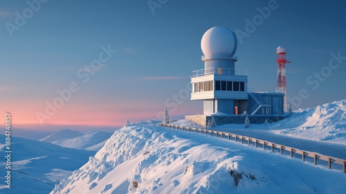 Radar station on a snowy mountain peak at sunset. Meteorological observatory with communication tower in winter landscape. 3D render