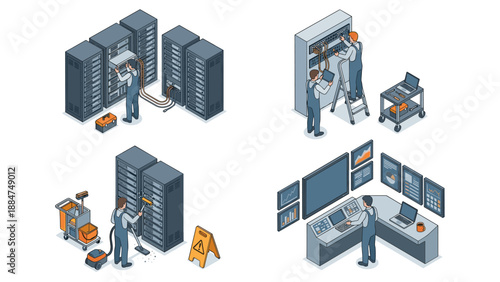 Isometric server room maintenance set. Technician repairing hardware. IT support monitoring network. Datacenter cleaning service. System administrator. Network cabling. Data center.