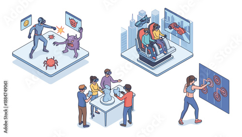Isometric virtual reality technology set. People with VR headset. Metaverse gaming. Augmented reality entertainment. Racing fighting creative design fitness. Future digital lifestyle.