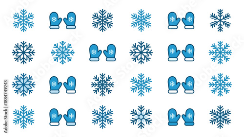 Winter snowflake and mitten icon set. Christmas vector collection. Blue gloves and snow crystals. Cold weather symbols. Holiday decoration. Geometric line art. Frosty ice shapes.