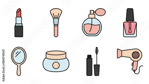 Beauty and cosmetics icons set. Makeup brush, lipstick, mascara, perfume, nail polish. Fashion skincare vector illustration. Salon tools hairdryer mirror. Flat line art design isolated.