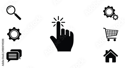Black icons depicting search click settings shopping and home concepts