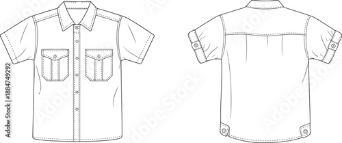 Men's button-up shirt, technical sketch, front and back view, short sleeves, chest pockets, fashion design, garment template, cad drawing flat vector illustration