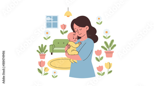 Tender moment of a mother affectionately holding her baby in a cozy room filled with plants and flowers, evoking warmth, comfort, and maternal love.