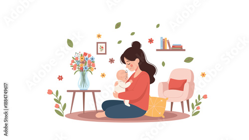 Sweet scene of a mother sitting comfortably on the floor, lovingly holding her baby in a cozy room adorned with flowers and cushions, conveying warmth and bond.