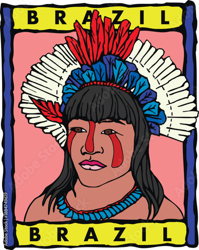 Indigenous Brazilian Woman with Feather Headdress – Folk Art Illustration