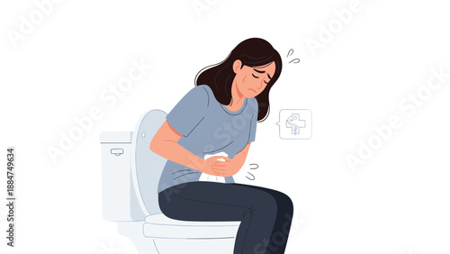Uncomfortable woman sitting on a toilet, holding her stomach in pain and looking distressed, indicating digestive problems or acute abdominal discomfort.