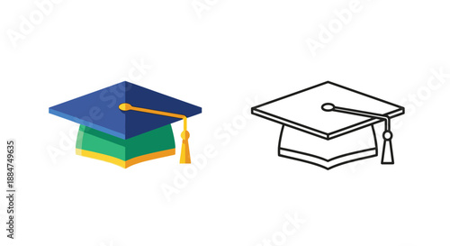 Graduation caps in color and line art symbolizing academic achievement and success