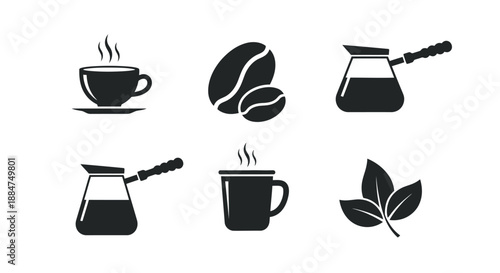 Black and white icons depicting coffee beans cups and brewing equipment